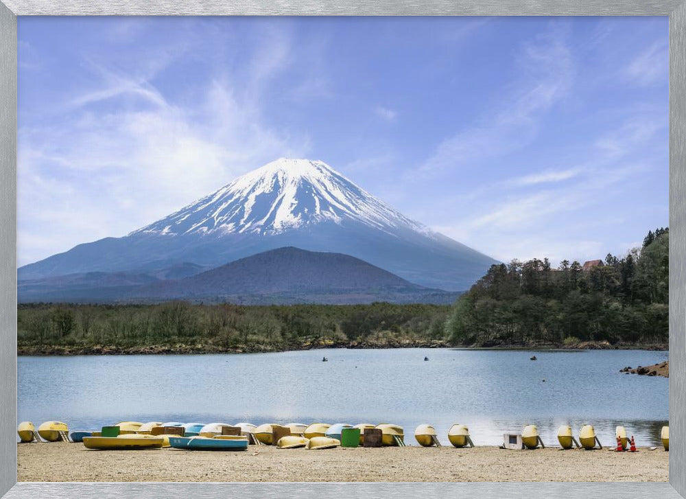 Idyllic Lake Shoji with majestic Mount Fuji Poster