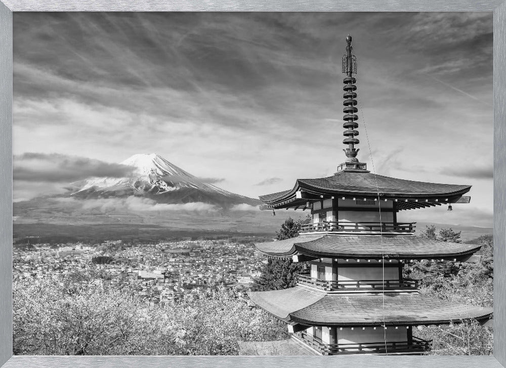 Magnificent view of Mount Fuji with Chureito Pagoda during cherry blossom season - monochrome Poster