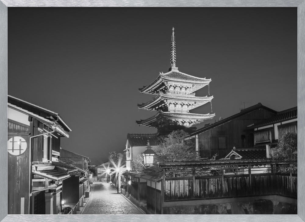 Yasaka Pagoda in historic Kyoto in the evening - monochrome Poster