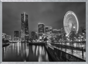 Dazzling Yokohama skyline at night - monochrome Poster