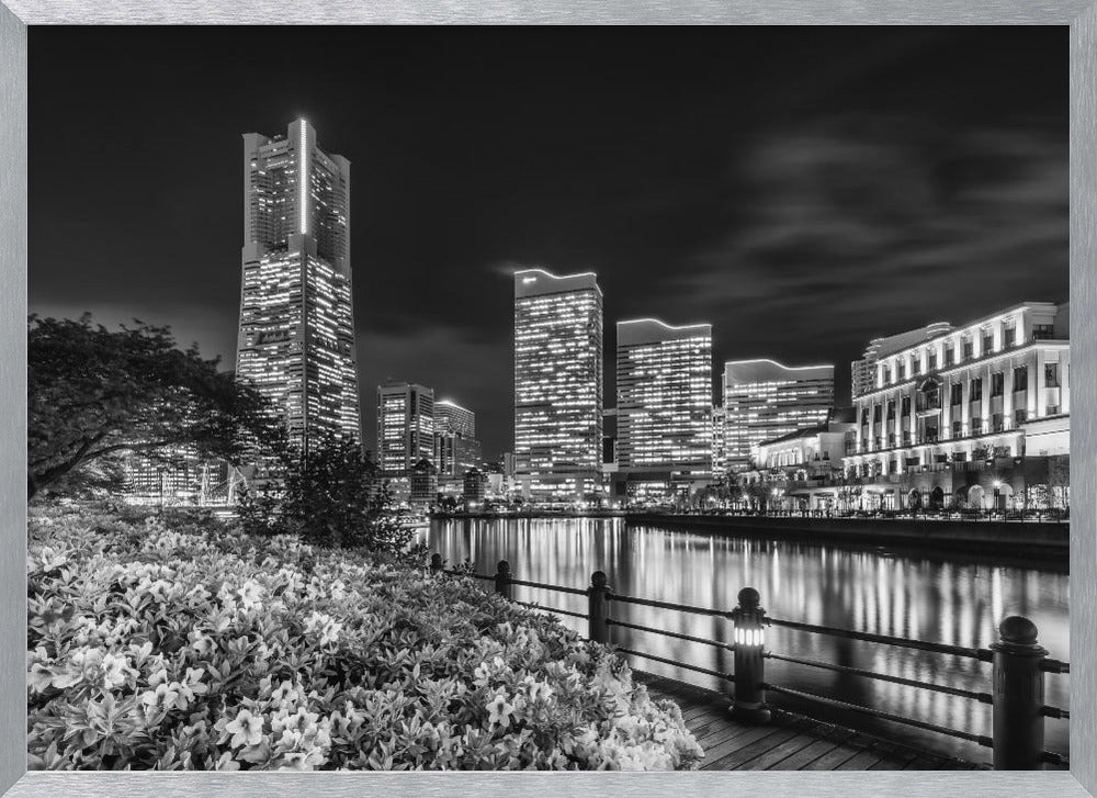 Idyllic Yokohama skyline at night - monochrome Poster