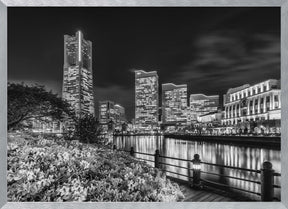 Idyllic Yokohama skyline at night - monochrome Poster