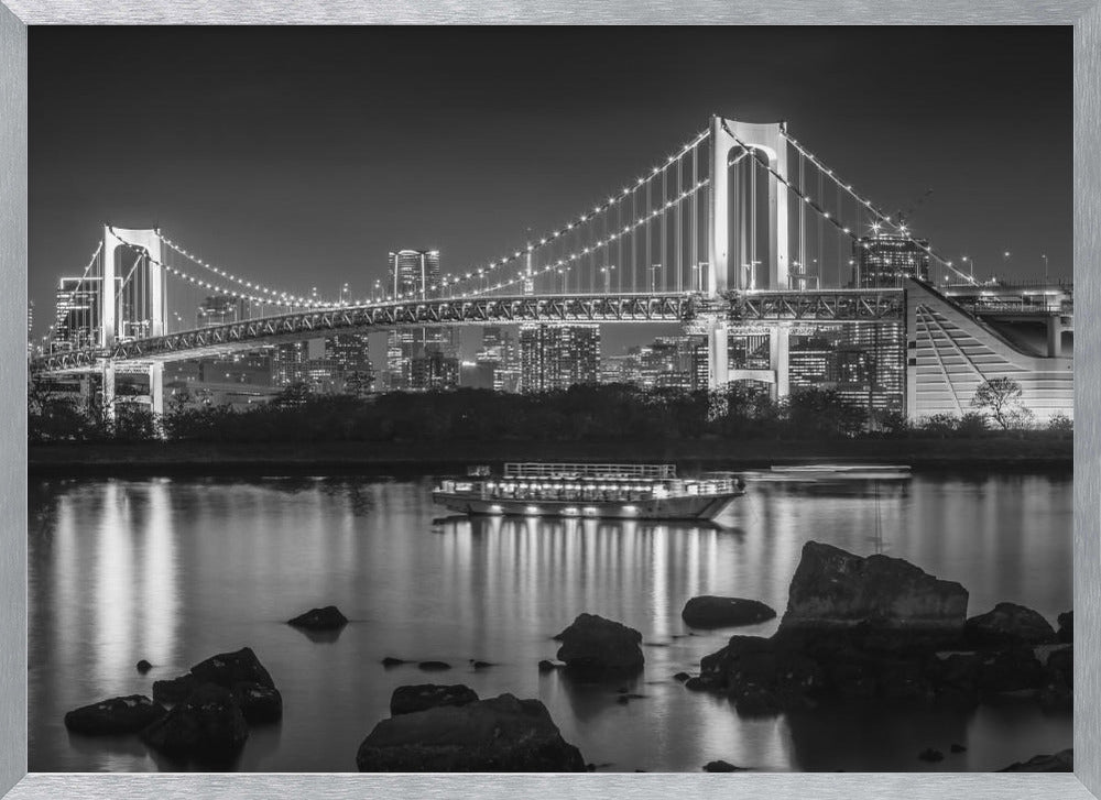 Charming Rainbow Bridge with Tokyo Skyline in the evening - monochrome panorama Poster