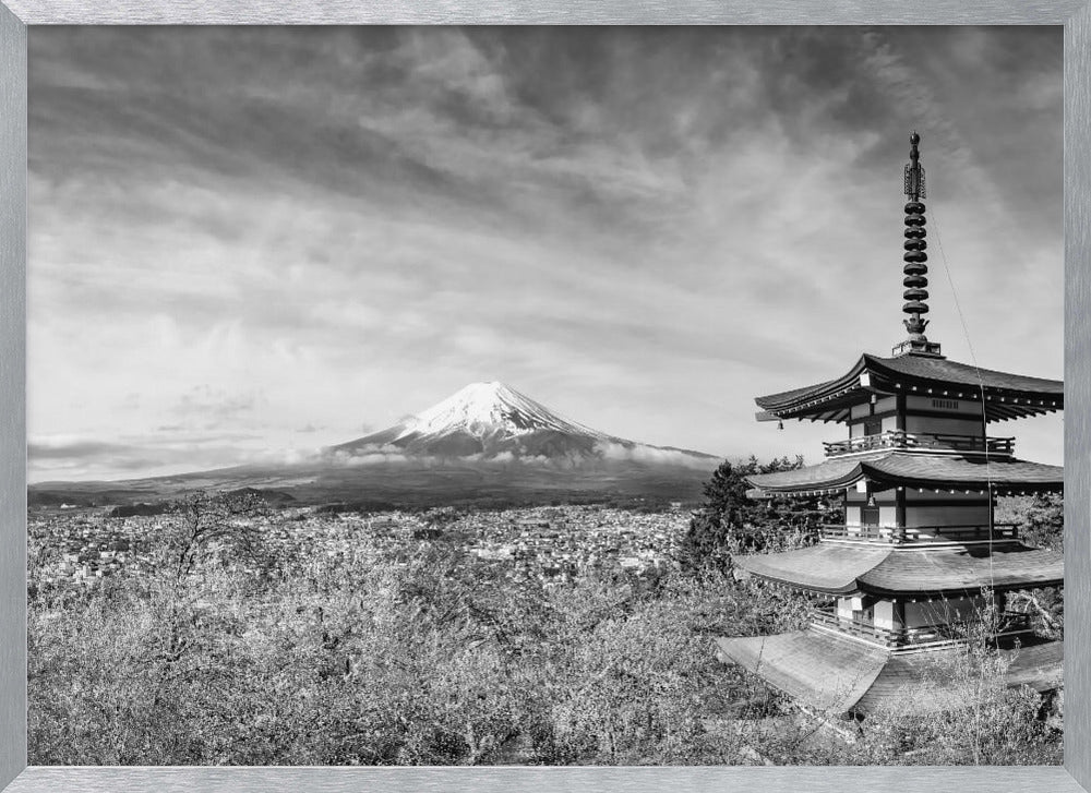 Magnificent panoramic view of Mount Fuji with Chureito Pagoda during cherry blossom season - monochrome Poster