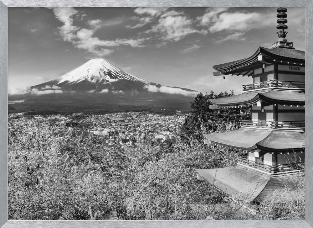 Gorgeous panoramic view of Mount Fuji with Chureito Pagoda during cherry blossom season - monochrome Poster