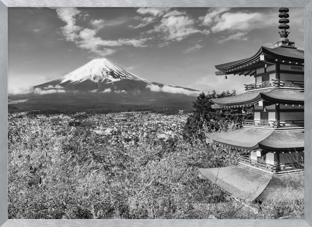 Picturesque view of Mount Fuji with Chureito Pagoda during cherry blossom season - monochrome Poster