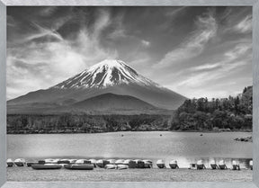 Idyllic Lake Shoji with majestic Mount Fuji - monochrome Poster