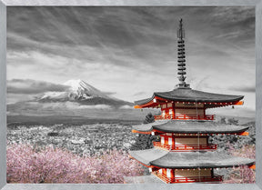 Magnificent view of Mount Fuji with Chureito Pagoda during cherry blossom season - colorkey Poster