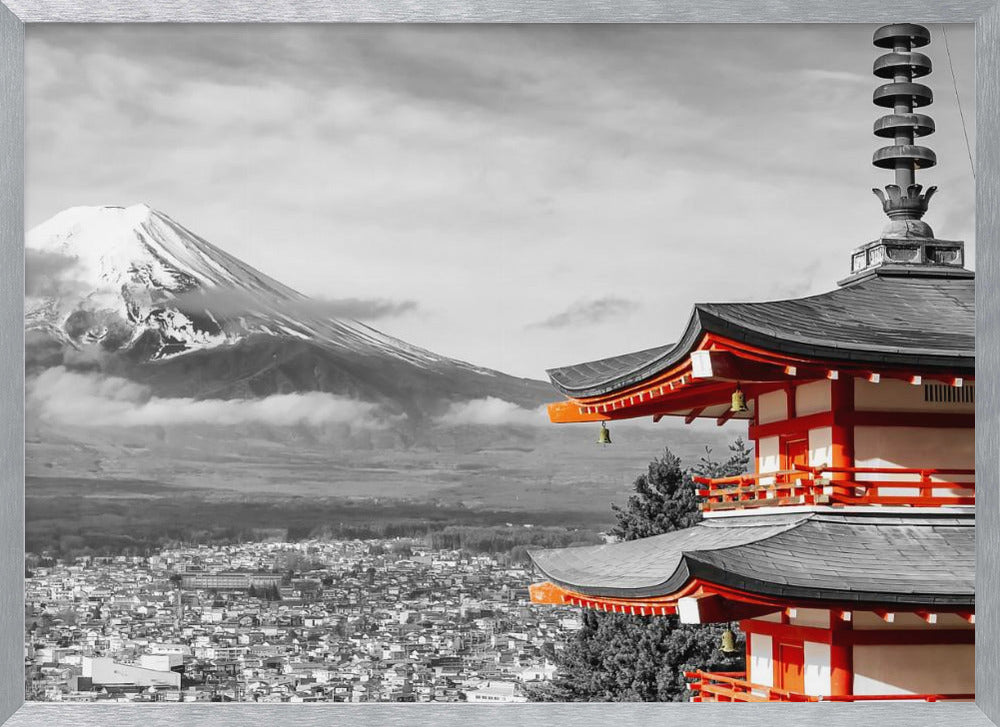 Unique panoramic view of Mount Fuji with Chureito Pagoda - colorkey Poster