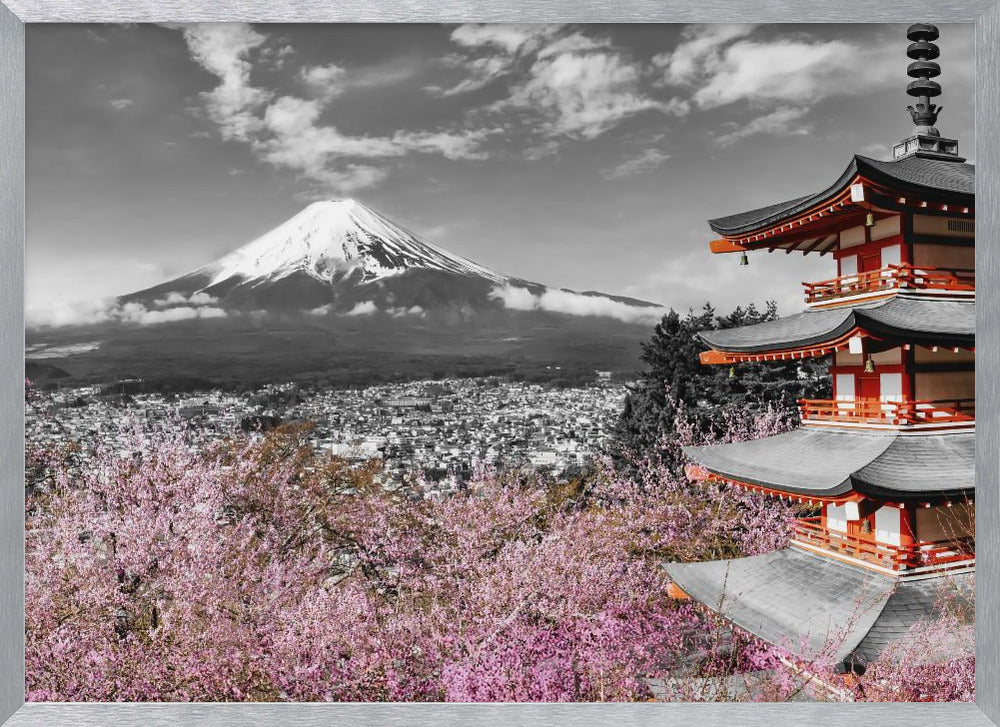 Lovely view of Mount Fuji with Pagoda and Cherry Trees - colorkey Poster