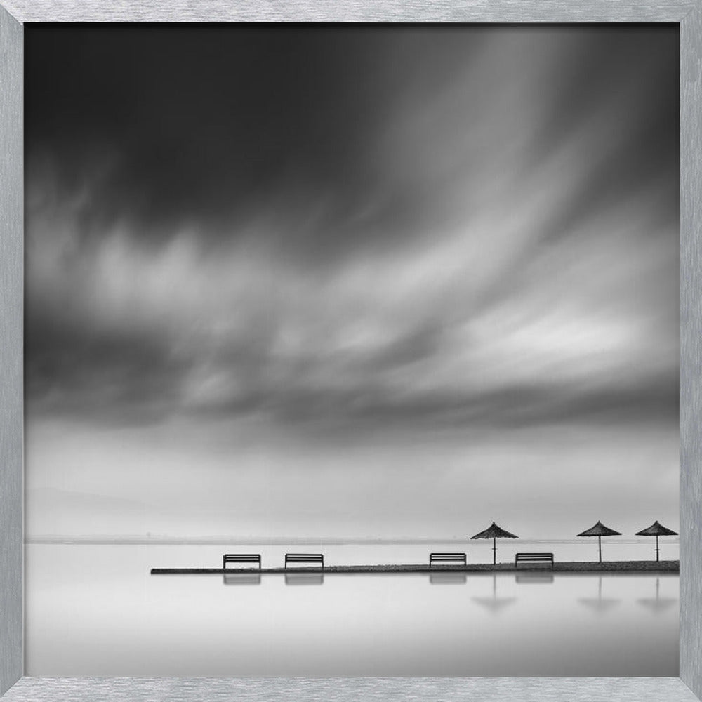 Four Benches and three umbrellas Poster