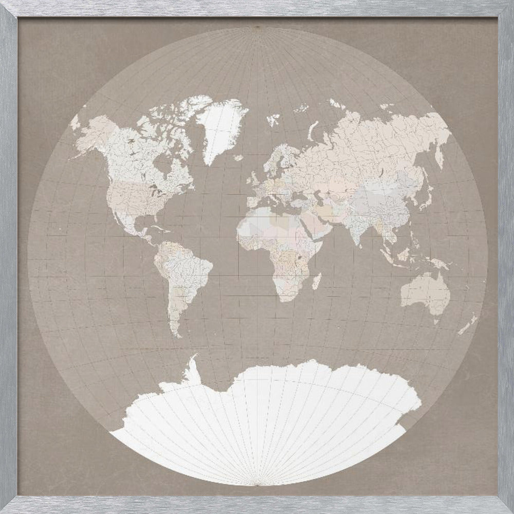 The world map in a circle, muted brown Poster