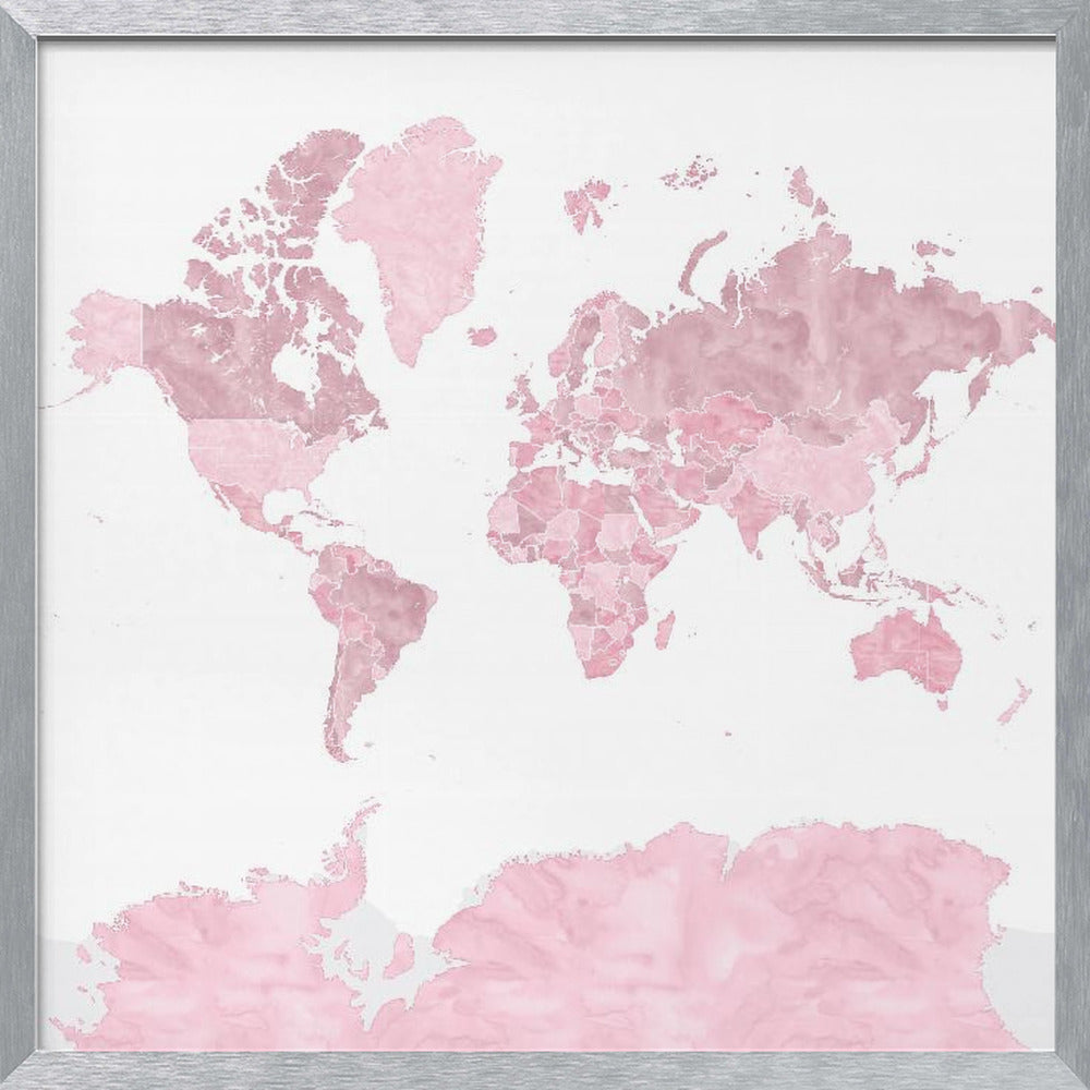 Pink watercolor world map with outlined countries, Melit Poster