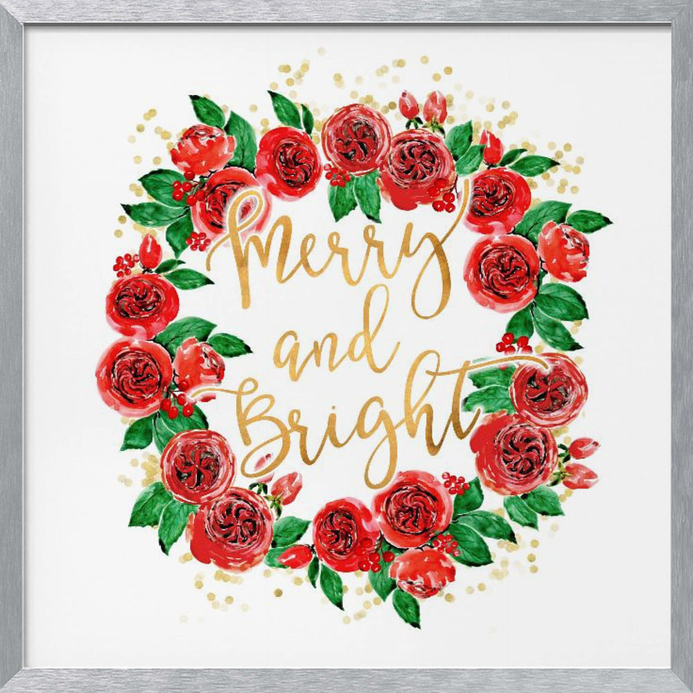 Merry and bright wreath of red English roses Poster