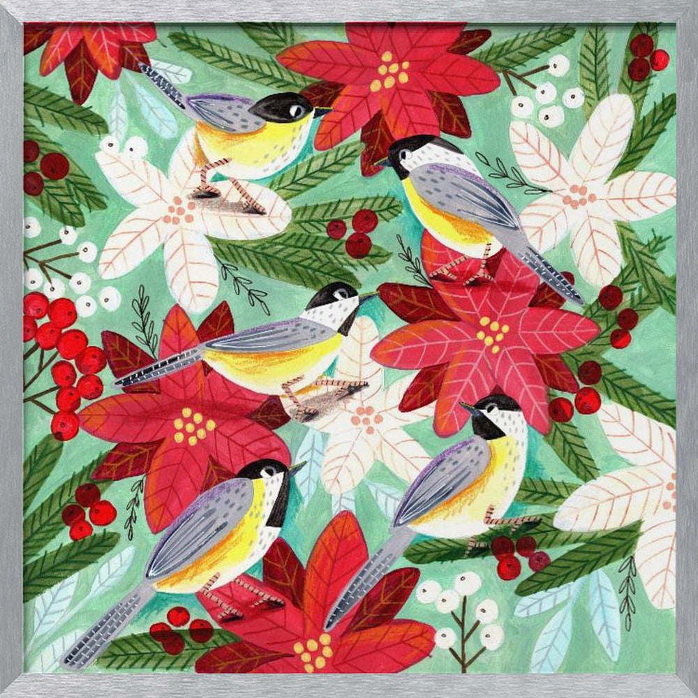 Winter birds tits and Christmas flowers Poster