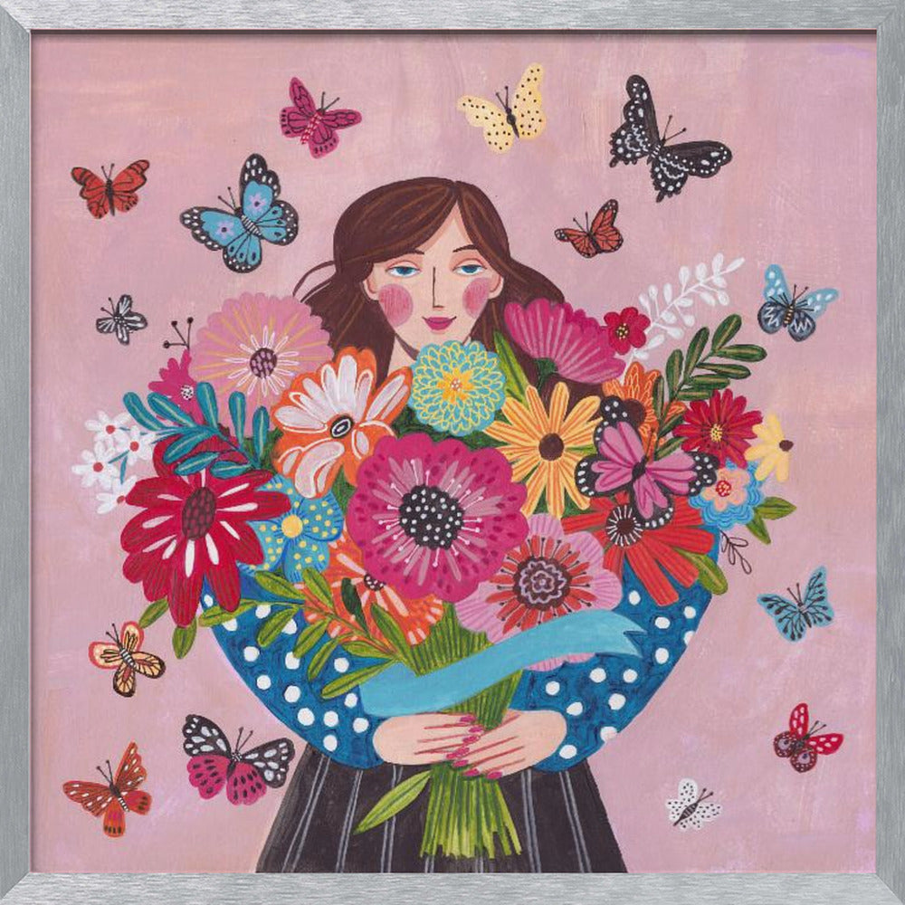 Woman with flower bouquet Poster