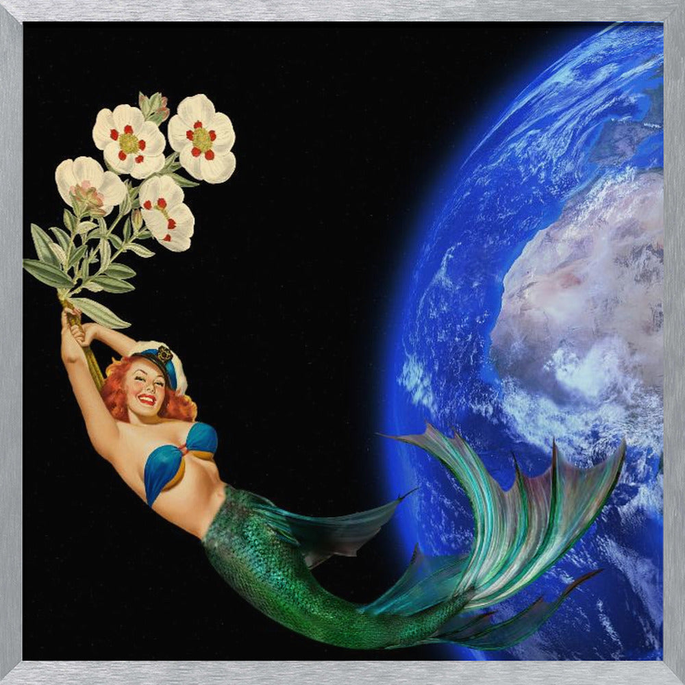 Swimming Away - Surreal Collage - Mermaid on Space Poster