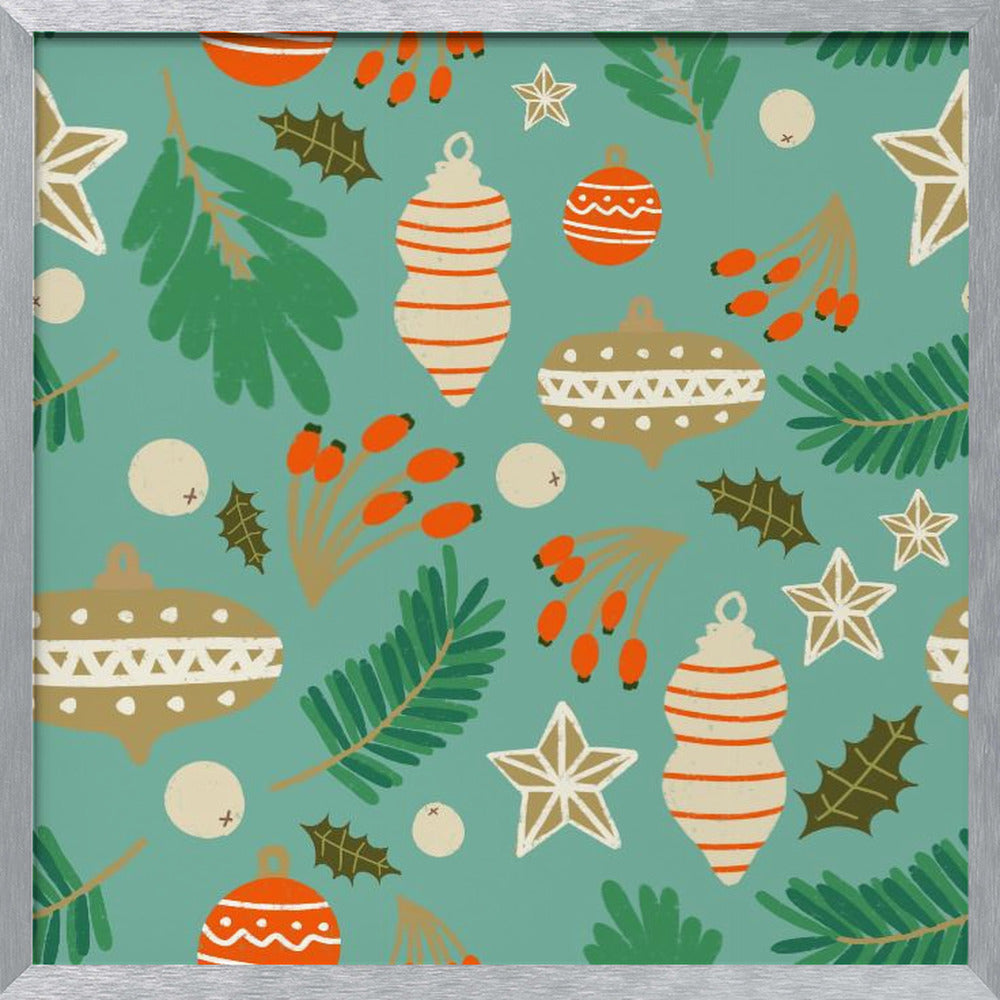 Christmas Baubles and Winter Foliage Retro Blue Poster