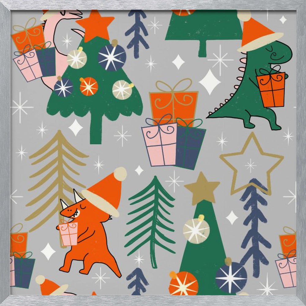 Dinosaurs Christmas Party Grey Poster