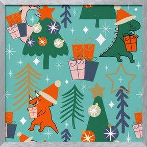 Dinosaurs Christmas Party Baby Blue Poster