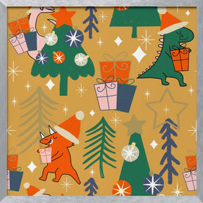 Dinosaurs Christmas Party Yellow Poster