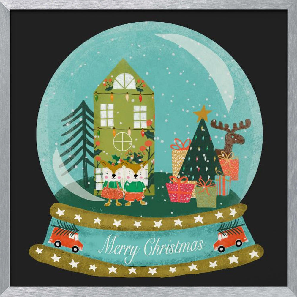 Christmas Snow Globe Village with Deer Family  - Merry Christmas Poster