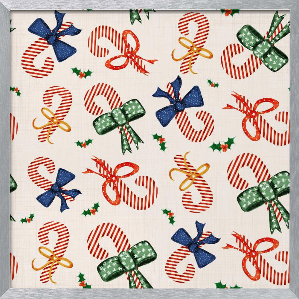 Preppy Festive Candy Cane &amp; Bows Beige Poster