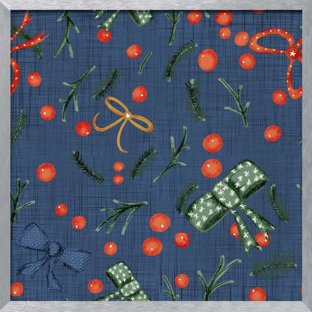 Moody Yuletide Holiday Bows and Berries Blue Poster