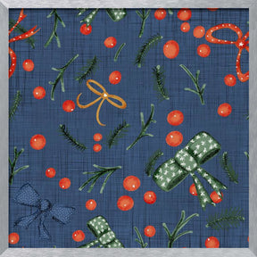 Moody Yuletide Holiday Bows and Berries Blue Poster