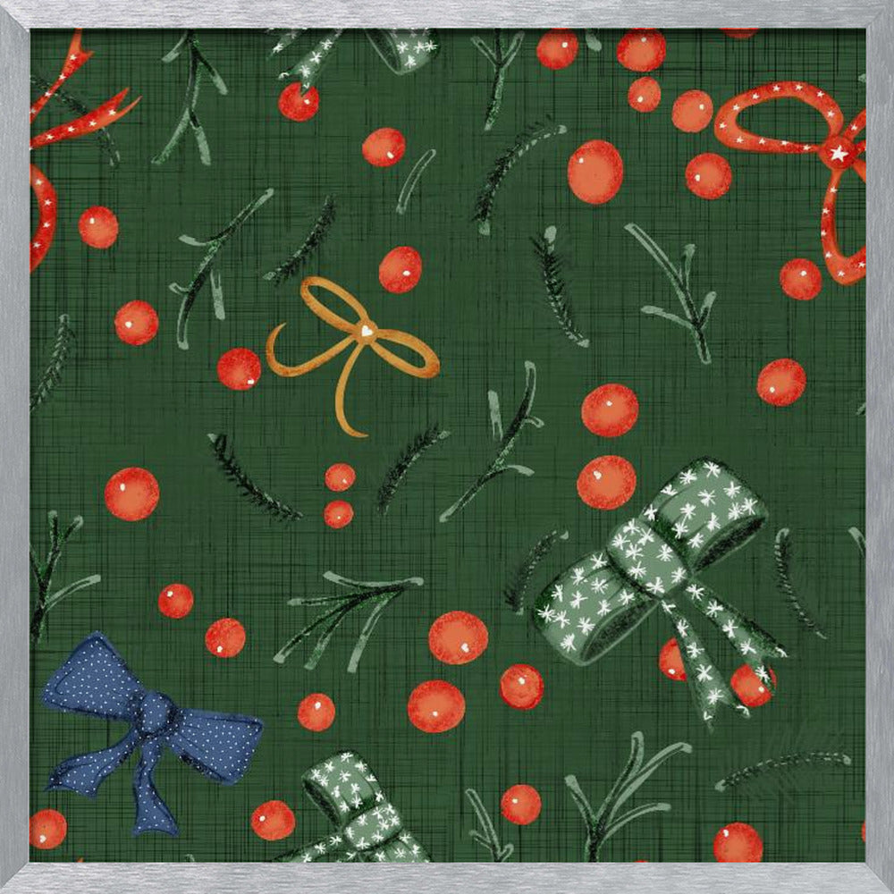 Moody Yuletide Holiday Bows and Berries Green Poster