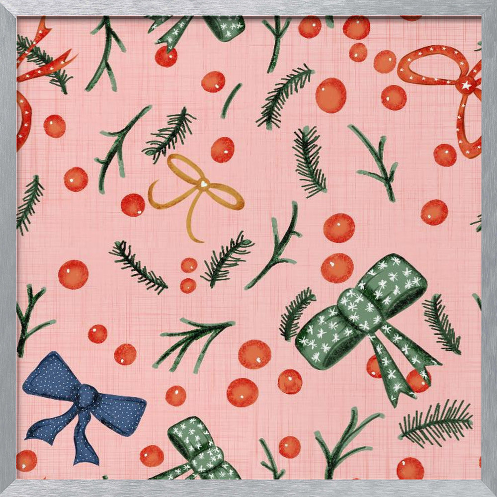 Moody Yuletide Holiday Bows and Berries Pink Poster