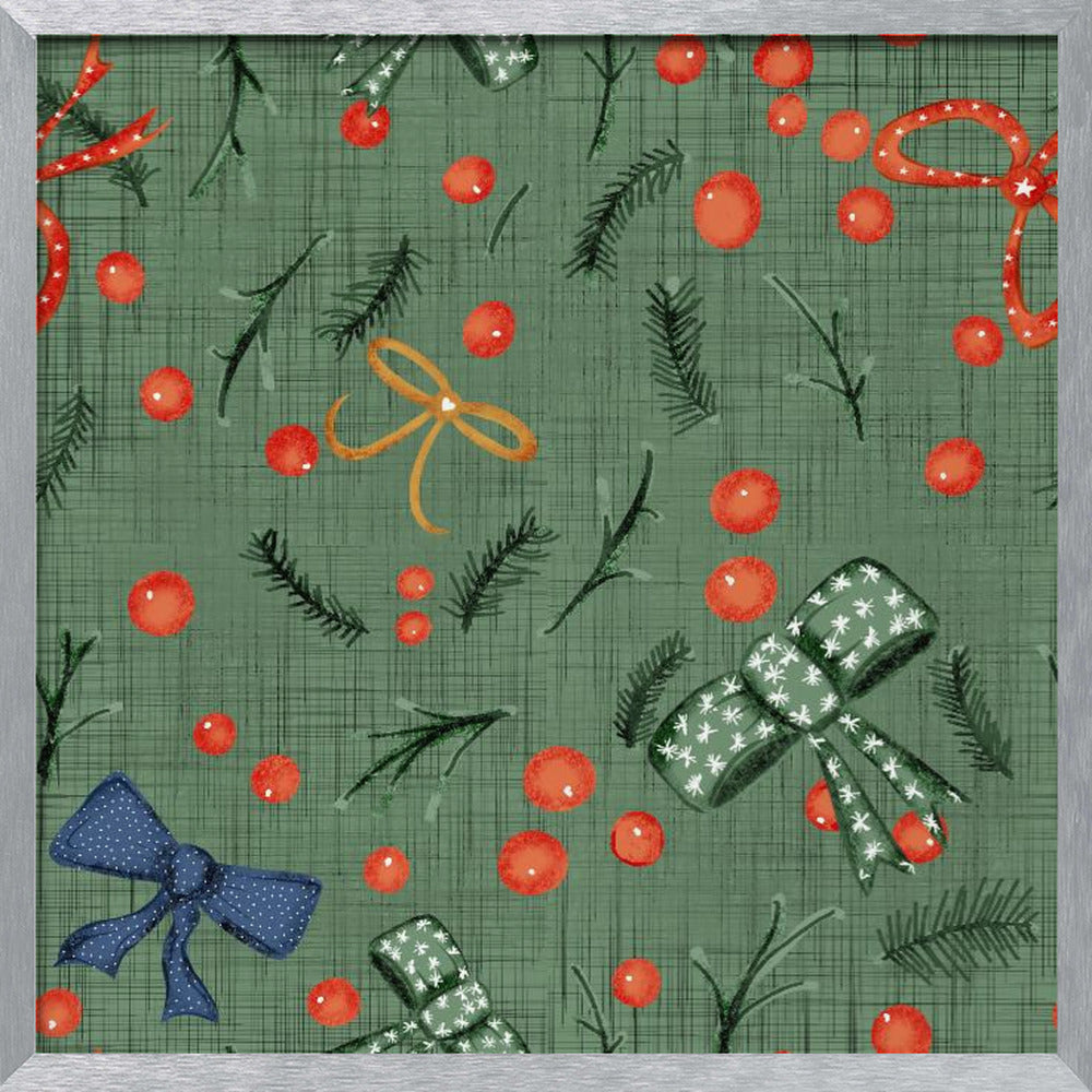 Moody Yuletide Holiday Bows and Berries Sage Poster