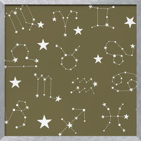 Celestial Constellation Boho-Moon and Stars In Dark Neutral-Olive Poster