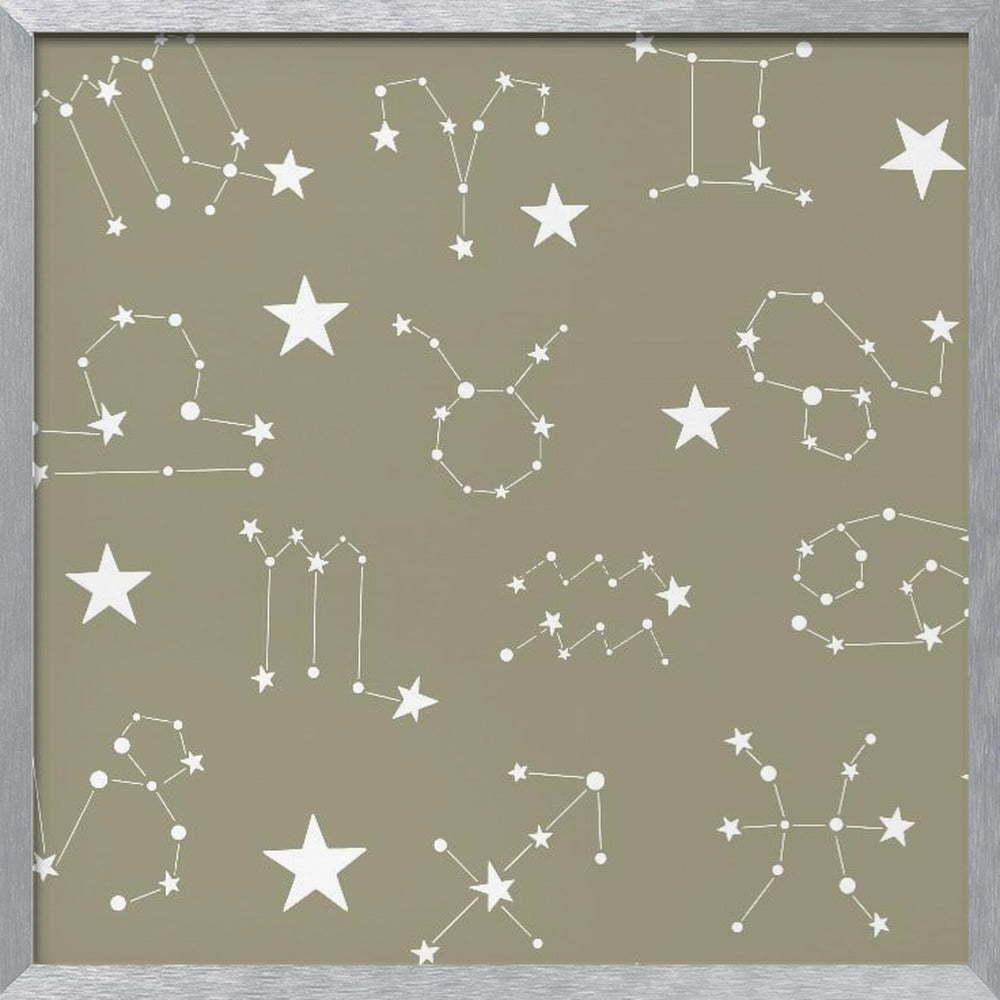 Celestial Constellation Boho-Moon and Stars In Dark Neutral - Olive Slate Poster