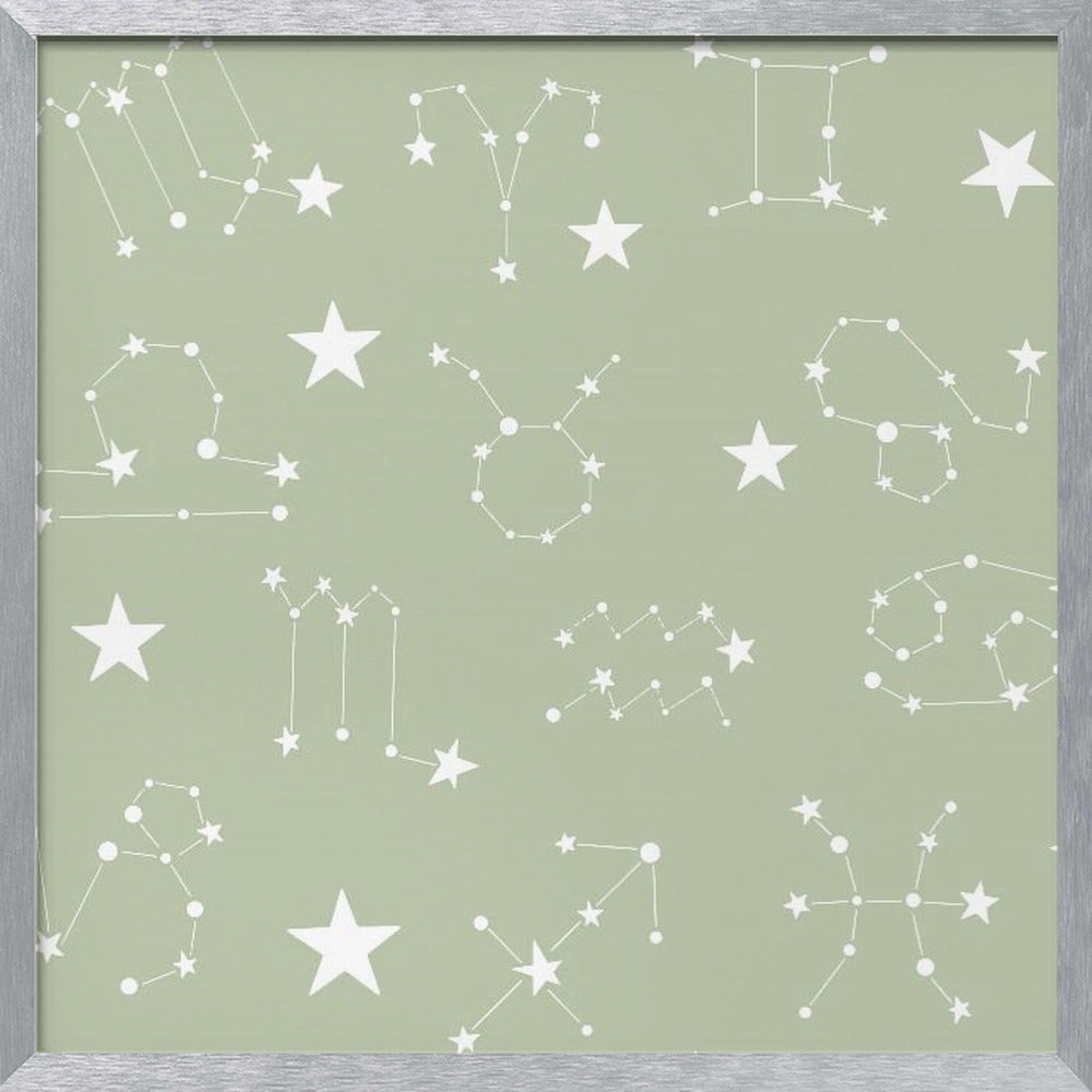 Celestial Constellation Boho-Moon and Stars In Dark Neutral- Sage Poster