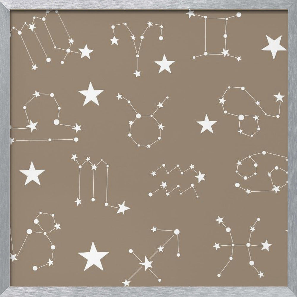 Celestial Constellation Boho-Moon and Stars In Dark Neutral- Taupe Poster