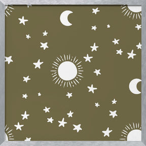 Celestial Dreamscape - Neutral Stars &amp; Shooting Stars Nursery- Olive Poster