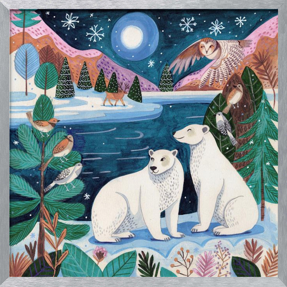 Polar bears Christmas at the North Pole under the moon Poster