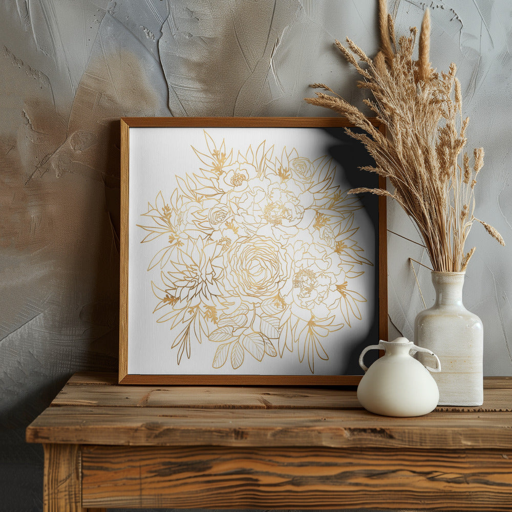 Nanette line art bouquet in gold Poster