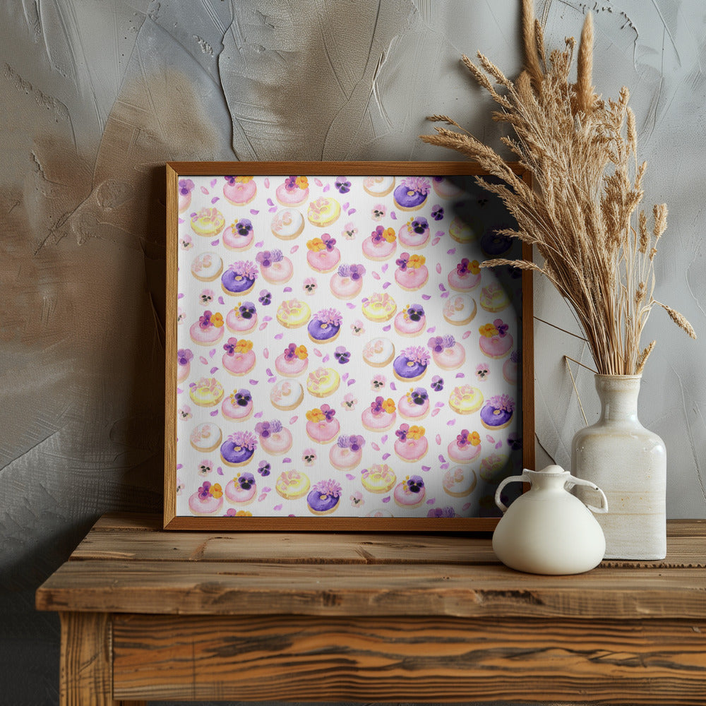 Floral watercolor donuts pattern Poster