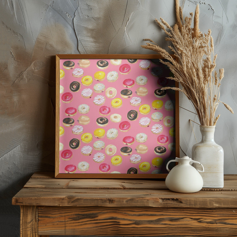 Watercolor donuts pattern in hot pink Poster