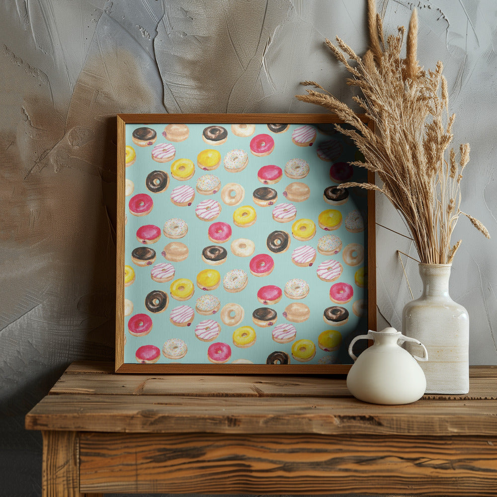 Watercolor donuts pattern in aqua Poster