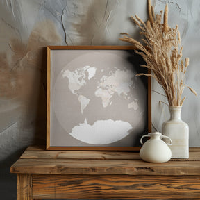 The world map in a circle, muted brown Poster