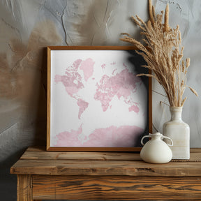 Pink watercolor world map with outlined countries, Melit Poster