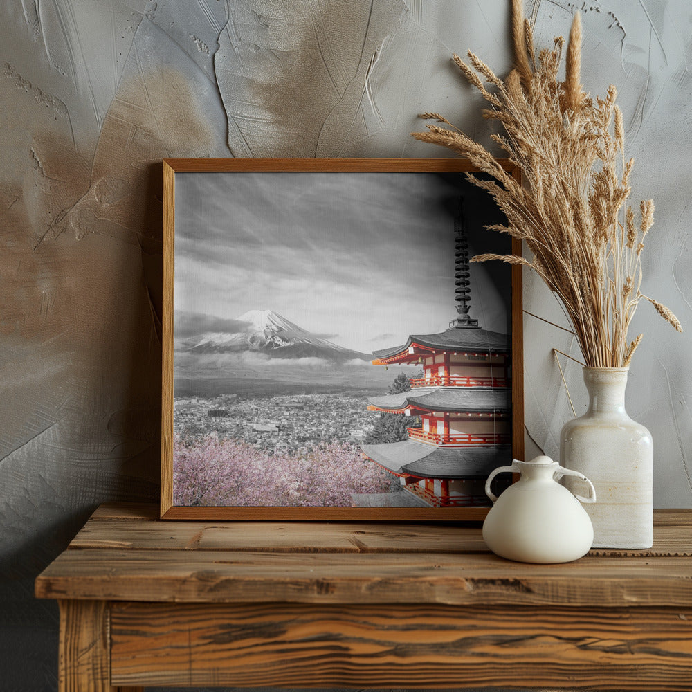 Lovely view of Mount Fuji with Chureito Pagoda during cherry blossom season - colorkey Poster