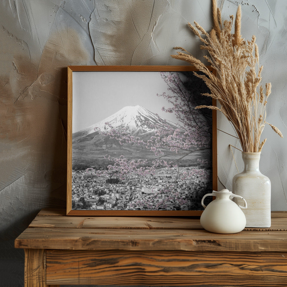 Charming view of Mount Fuji during cherry blossom season - colorkey Poster