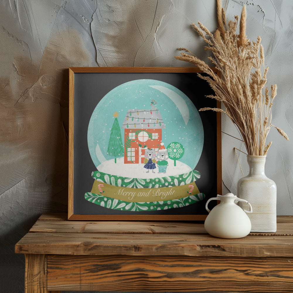 Christmas Snow Globe Village with Bear Family  - Merry and Bright Poster