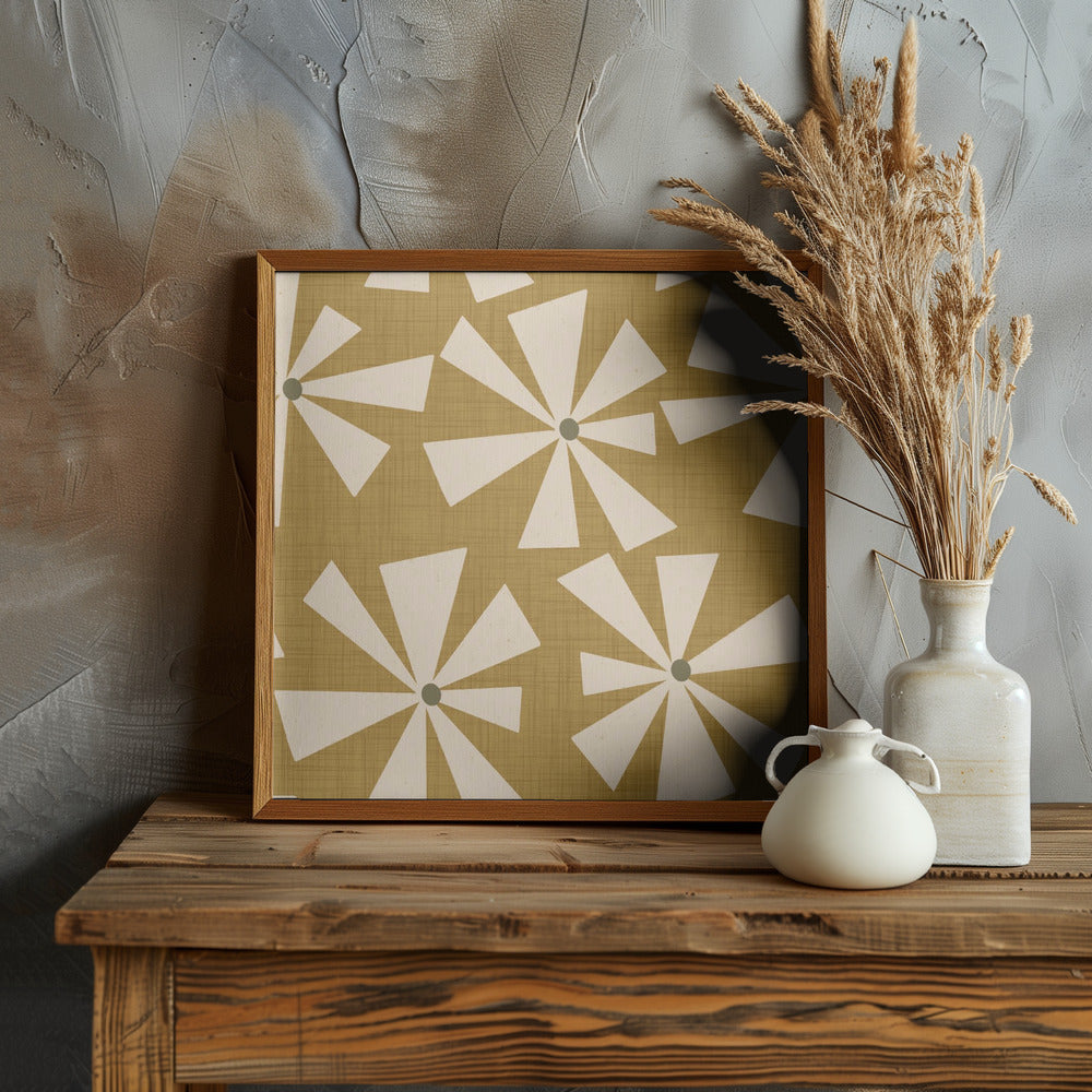 Geometric Floral Burst - Mid Century Flowers Mustard Poster