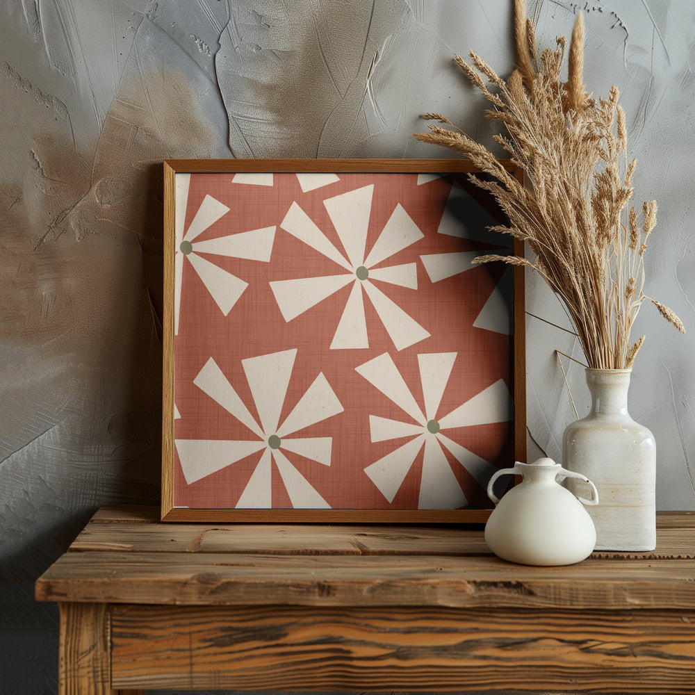 Geometric Floral Burst - Mid Century Flowers Rust Red Poster