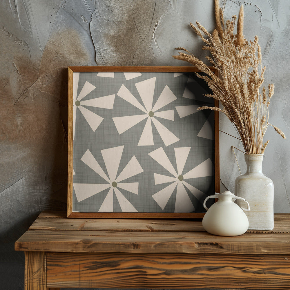 Geometric Floral Burst - Mid Century Flowers Taupe Poster